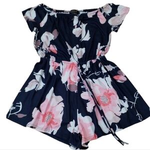 Relipop~Woman Size M~Floral Print Flared Half Sleeve Elastic Tie Waist Jumpsuit.